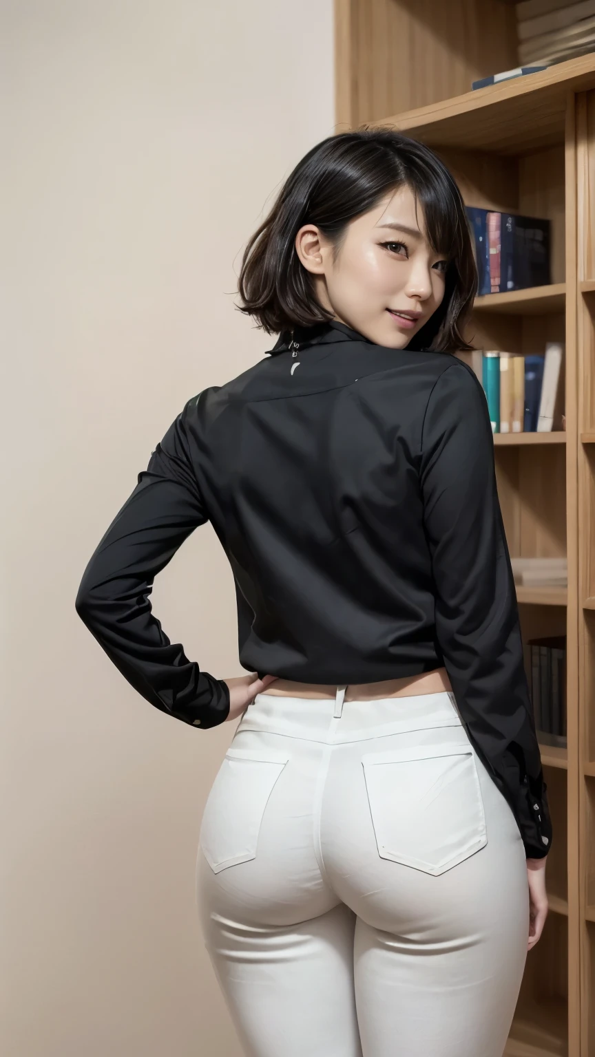 (A Japanese woman looking back in front of a bookshelf in a library:1.4、P Line:1.4)、(Realistic、Like a photograph、Live Action、8k, Realistic, RAW Photos, Best image quality: 1.4), Single-lens reflex camera、RAW Photos, Highest quality, Realistic, Very detailed CG Unity 8k wallpaper, Written boundary depth, Cinematic Light, Lens flare, Ray Tracing, Realistic background、(blouse:1.4、Tight pants、Attractive hip line、Line of panties)、((Ultra-Dense Skin))、 Cute Japanese Woman、((whole body:1.5))，(short hair:1.2、tie your hair with a hair clip)、I like that style、Very detailed、Pay attention to the details、Perfect outfit、White skin、Rear view、Short Hair:1.5,Shiny black hair、I can see the ears、Half-open mouth、Embarrassed look、blush:2.0、2、smile