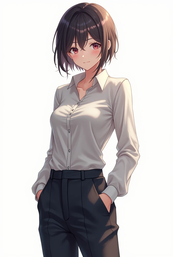 Adult character art in anime and shirt and pant outfit and white background with full body image