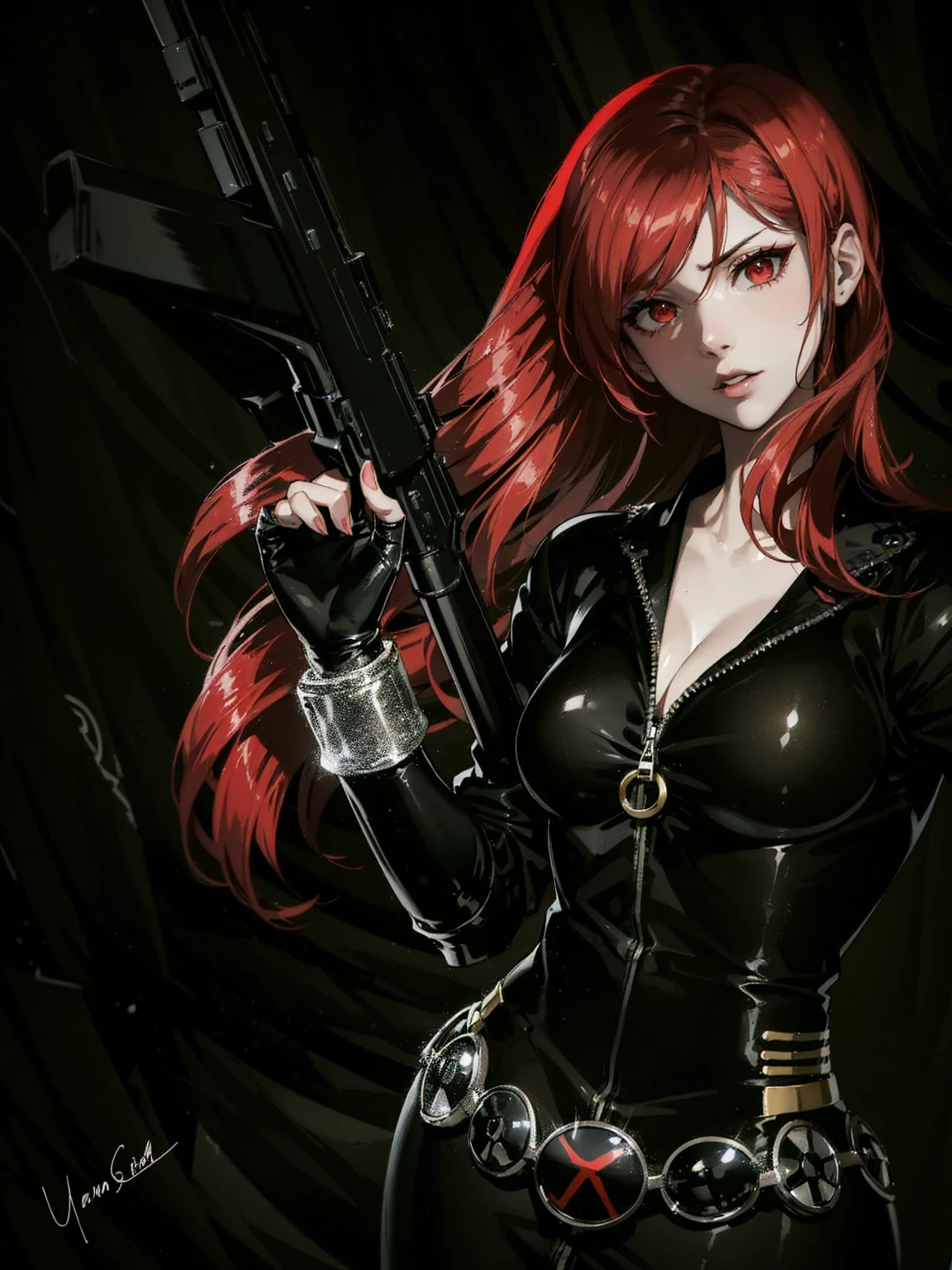 The image features a girl known as Black Widow with red, shoulder-length hair, and clad in a sleek skin-tight shiny black latex bodysuit with a deep-cut zipper neckline revealing a large chest, the silver zipper running down the front. The suit is complemented by her golden wrist guard on both wrists and a black silver belt made of shiny black circles with a red "black widow" symbol buckle. She handles an AK-47 rifle with her right hand, one on top of the other. She appears with a cute smile on her face. She is set against a dark, black background, contrasting her appearance and emphasizing her figure. From her intense gaze and serious expression, she appears confident, powerful, and ready for action.
