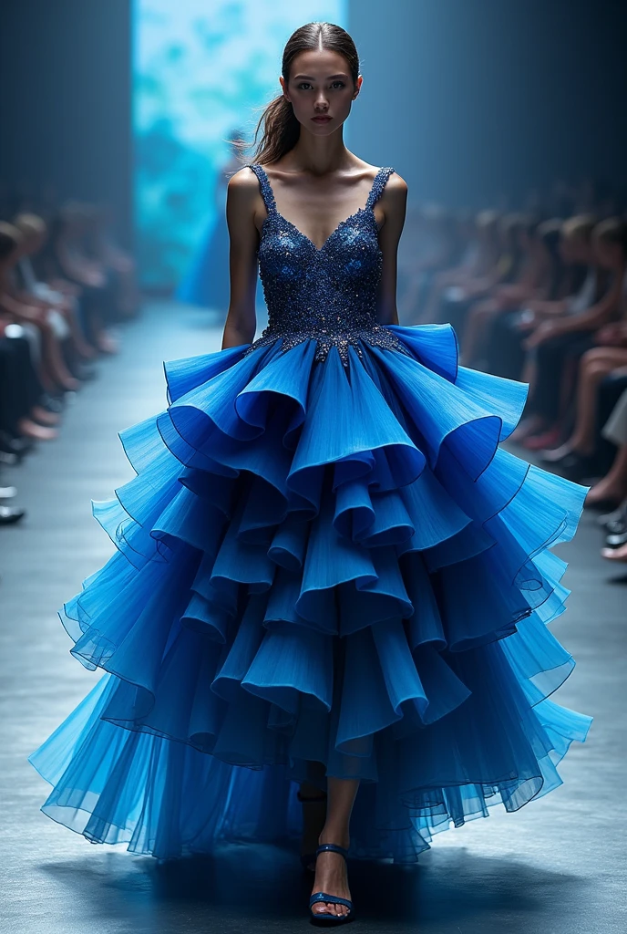 Fashion show costume showing dynamics,power and elegance of ocean with navy blue as base and different shades of blue adding layers