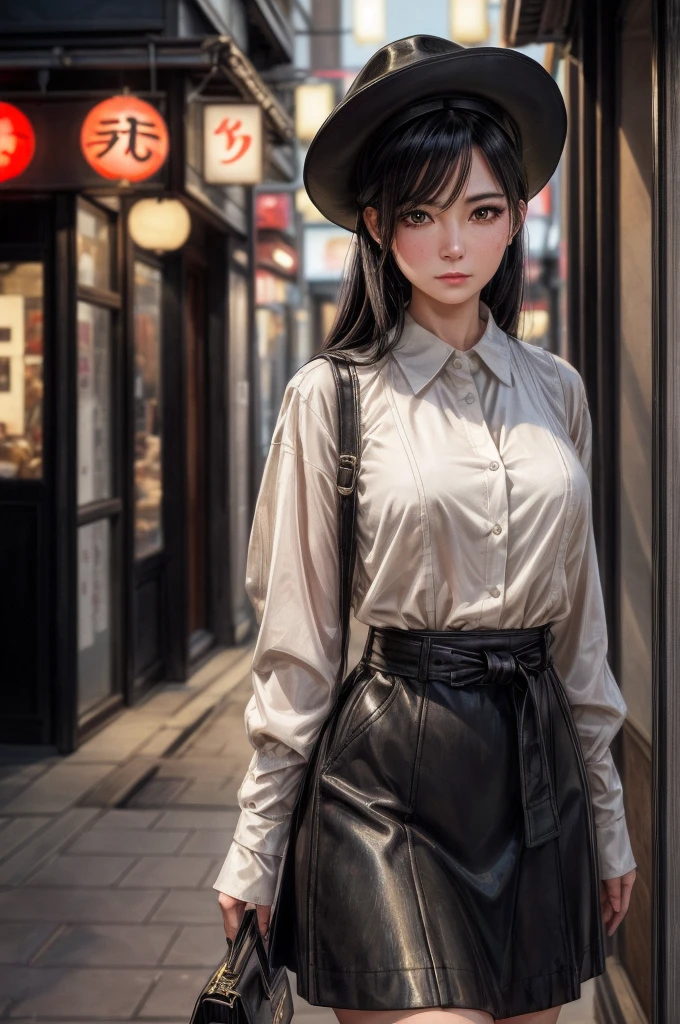 A mature woman in realistic oil painting portrait of high quality and detail, waist, modern style, mature face, 4, She has long black hair with short bangs, black eyes, pale skin, asian girl, She is wearing a white blouse, a short black cut-out skirt, black shoes, a black raincoat and a wide-brimmed black hat, medium breast, curvy, milf, blushing red face, mole on her face, dramatic look, glow, eye shadow, 1girl, Depth & Perspective, melancholic face, fine face, She's standing in the japanese street, outdoors, neon lights on background, looking at viewer, (ultra-high detail:1.2), Masterpiece, Best Quality, Ultra-detailed, Cinematic lighting, 8K, delicate features, cinematic, 35 mm lens, f/1.9, highlight lighting, global lighting –uplight –v 4, cinematic, Cinematic lighting, 8K, high quality, Highest Quality, (Solo Focus), (extremly intricate:1.3), (Realistic), masterful, Analog style, (Film grain:1.5), (cold tone),
