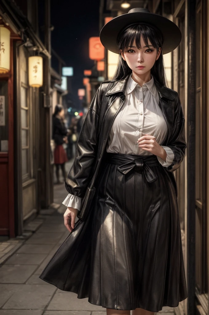 A mature woman in realistic oil painting portrait of high quality and detail, waist, modern style, mature face, 4, She has long black hair with short bangs, black eyes, pale skin, asian girl, She is wearing a white blouse, a short black cut-out skirt, black shoes, a black raincoat and a wide-brimmed black hat, medium breast, curvy, milf, blushing red face, mole on her face, dramatic look, glow, eye shadow, 1girl, Depth & Perspective, melancholic face, fine face, She's standing in the japanese street, outdoors, neon lights on background, looking at viewer, (ultra-high detail:1.2), Masterpiece, Best Quality, Ultra-detailed, Cinematic lighting, 8K, delicate features, cinematic, 35 mm lens, f/1.9, highlight lighting, global lighting –uplight –v 4, cinematic, Cinematic lighting, 8K, high quality, Highest Quality, (Solo Focus), (extremly intricate:1.3), (Realistic), masterful, Analog style, (Film grain:1.5), (cold tone),