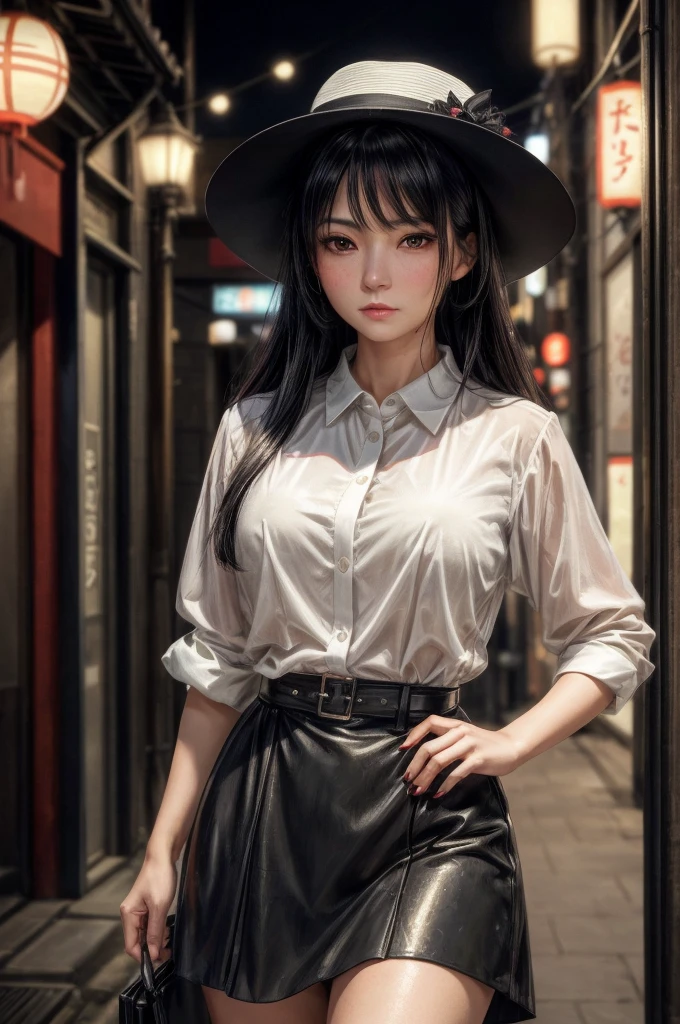 A mature woman in realistic oil painting portrait of high quality and detail, waist, modern style, mature face, 4, She has long black hair with short bangs, black eyes, pale skin, asian girl, She is wearing a white blouse, a short black cut-out skirt, black shoes, a black raincoat and a wide-brimmed black hat, medium ??????, curvy, milf, blushing red face, mole on her face, dramatic look, glow, eye shadow, 1girl, Depth & Perspective, melancholic face, fine face, She's standing in the japanese street, outdoors, neon lights on background, looking at viewer, (ultra-high detail:1.2), Masterpiece, Best Quality, Ultra-detailed, Cinematic lighting, 8K, delicate features, cinematic, 35 mm lens, f/1.9, highlight lighting, global lighting –uplight –v 4, cinematic, Cinematic lighting, 8K, high quality, Highest Quality, (Solo Focus), (extremly intricate:1.3), (Realistic), masterful, Analog style, (Film grain:1.5), (cold tone),
