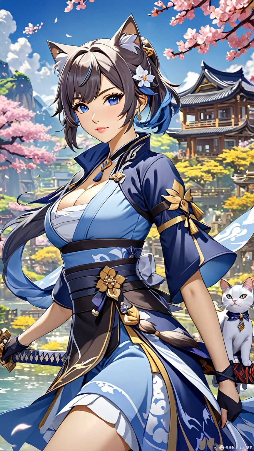 anime - style image of a woman with a sword and a cat, ayaka genshin impact, keqing from genshin impact, genshin, genshin impact character, ayaka game genshin impact, zhongli from genshin impact, genshin impact style, kda, from the azur lane videogame, genshin impact, video game genshin impact, big boobs, blue drees