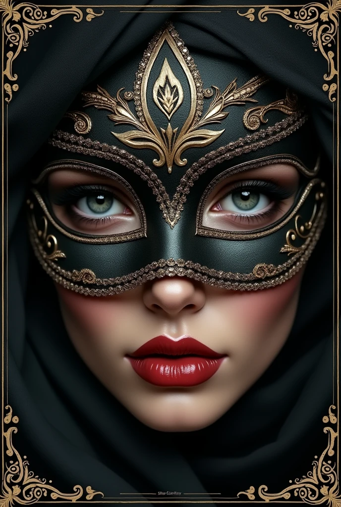Create a masquerade poster an attractive two eye of a beautiful real woman with a masquerade covered face and beautiful designs im prepared of blackish color with a border 

