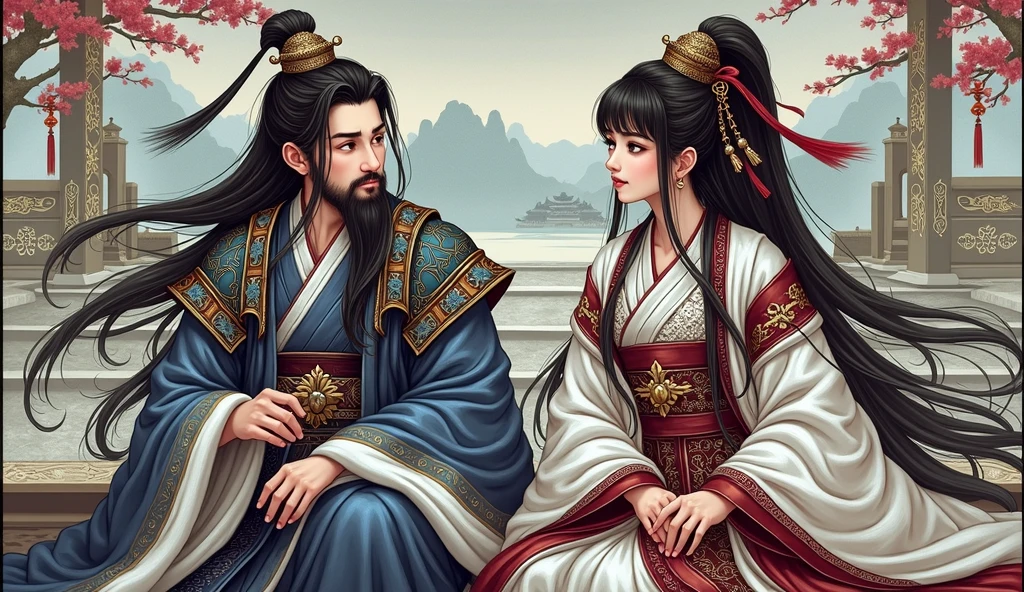 Thick coating style、Zhuge Kongming、Handsome、Long Beard、Beautiful Huang Yueying、Sitting and chatting