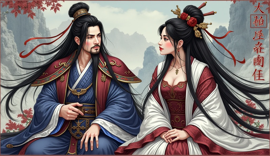 Thick coating style、Zhuge Kongming、Handsome、Long Beard、Beautiful Huang Yueying、Sitting and chatting