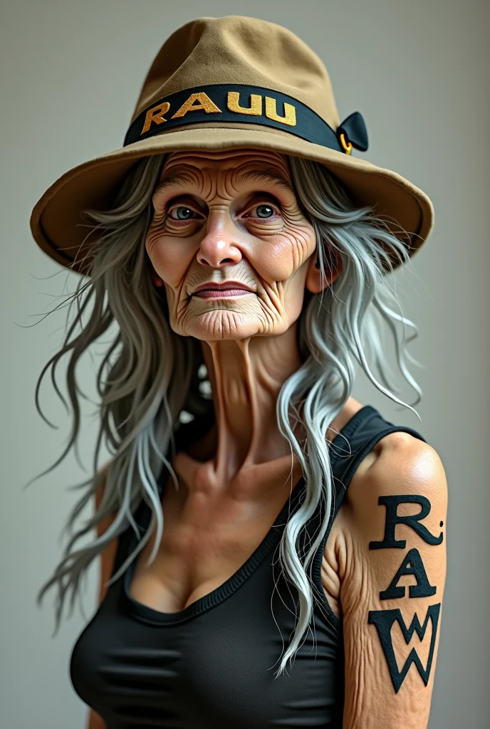 Old lady with a hat with the word RAW written on it with very long gray hair on her hat a tattoo with the word RAW written on it.