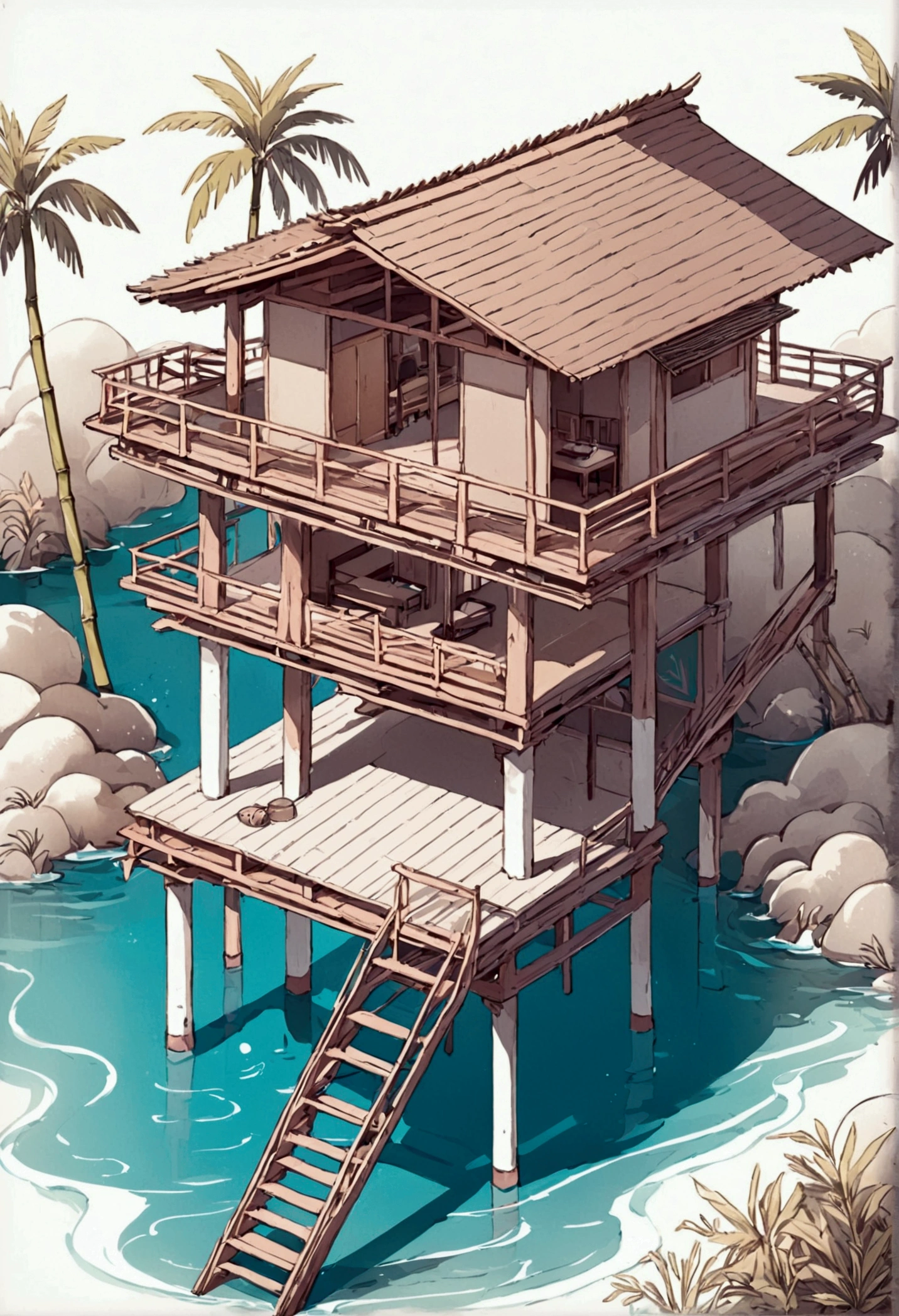 Architectural isometric of a stilt house built on water and made of bamboo wood and palm roof 