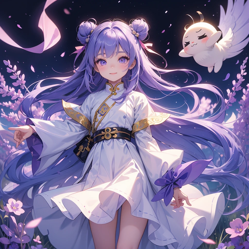 A chibi child girl had a small face and Wearing white little Taoist priest's outfit. A pair of big round eyes shone with curiosity about him. This child was so cute, Stroll among the purple lavender fields , There are some floating clouds.

her hair is black with two buns on her hair.small chibi, chibi baby, smiling ,Chibi.

