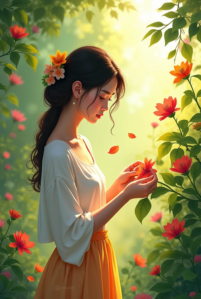 একটি মেয়ে ফুল গাছে ফুল তুলছে