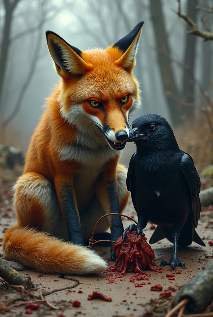 A fox caught in a trap, with a crow devouring its tail: 