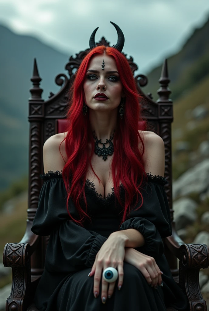 Dramatic and moody atmospheric photography of a wicked faerie woman with blood-red tresses, seated on a throne under the mountain, ruled with an eyebrow piercing into the soul. She wears a ring on her finger, adorned with an eyeball gaze.