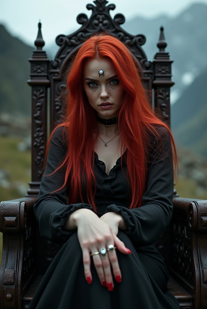 Dramatic and moody atmospheric photography of a wicked faerie woman with blood-red tresses, seated on a throne under the mountain, ruled with an eyebrow piercing into the soul. She wears a ring on her finger, adorned with an eyeball gaze.