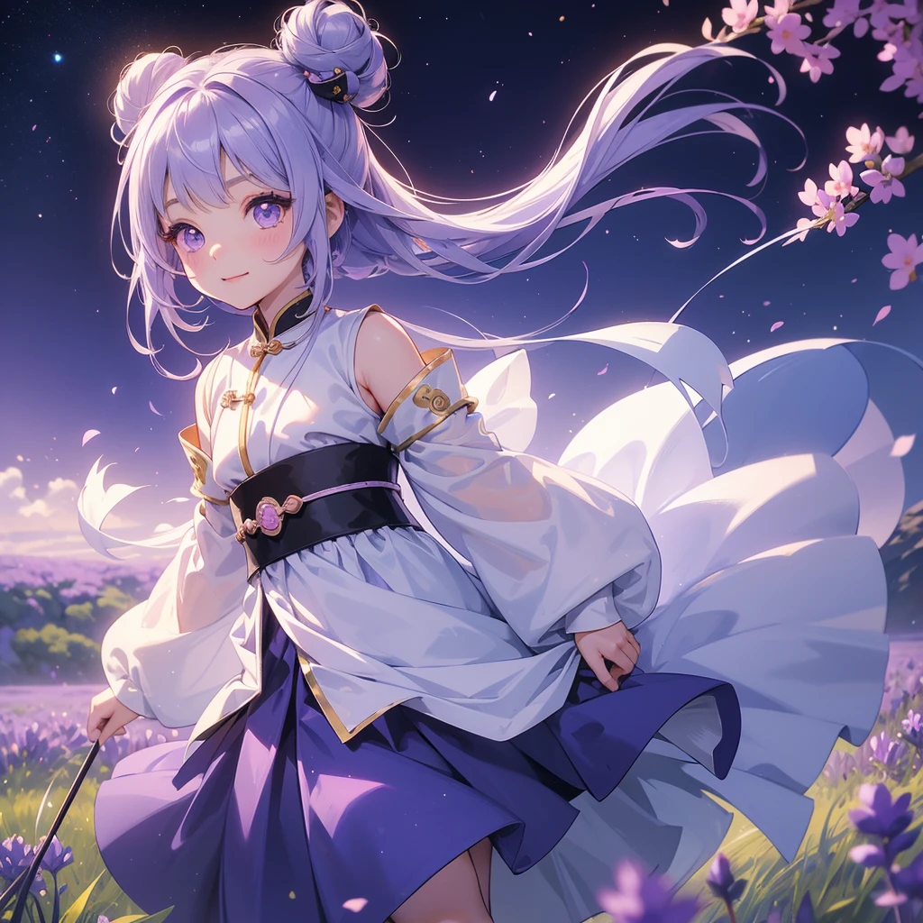 A chibi child girl had a small face and Wearing white little Taoist priest's outfit. A pair of big round eyes shone with curiosity about him. This child was so cute, Stroll among the purple lavender fields , There are some floating clouds.

her hair is black with two buns on her hair.small chibi, chibi baby, smiling ,Chibi.

