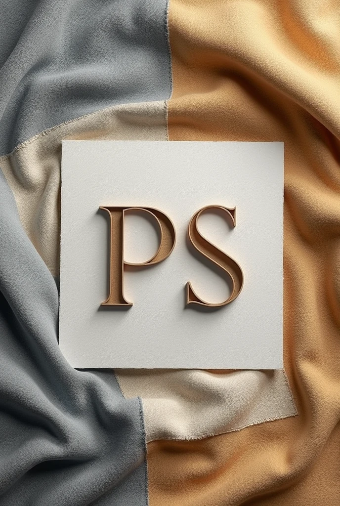 Minimalist PS clothing logo in relief on a fabric patchwork background