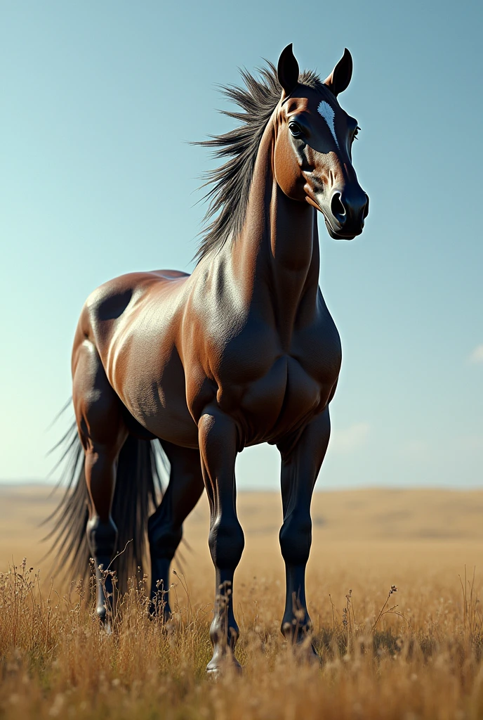 A realistic image of a horse with the face of an eagle. The horse has a sleek, muscular body, but its head is entirely that of a majestic eagle, featuring sharp, focused eyes, a powerful beak, and detailed feathers. The scene is set in a vast, open field with tall grass gently swaying in the breeze, under a clear blue sky. The horse-eagle hybrid stands proudly, exuding a sense of strength and grace as it looks into the distance