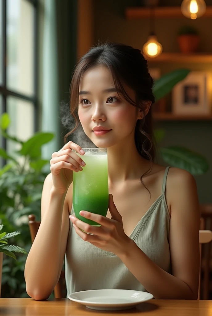 Woman in the cafa drinking moringa