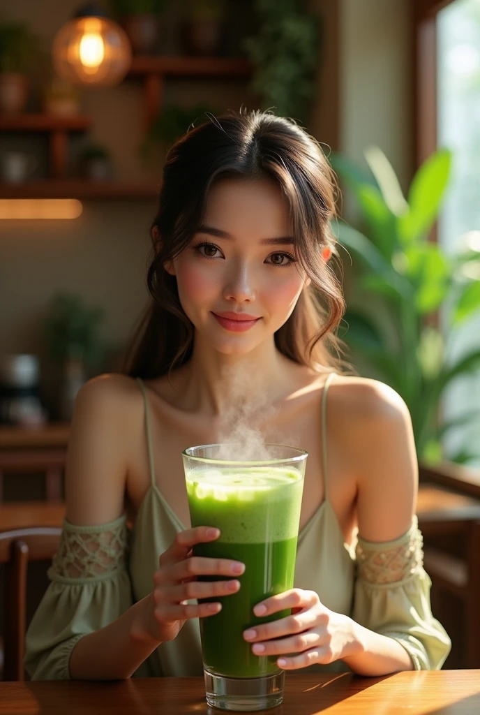 Woman in the cafa drinking moringa
