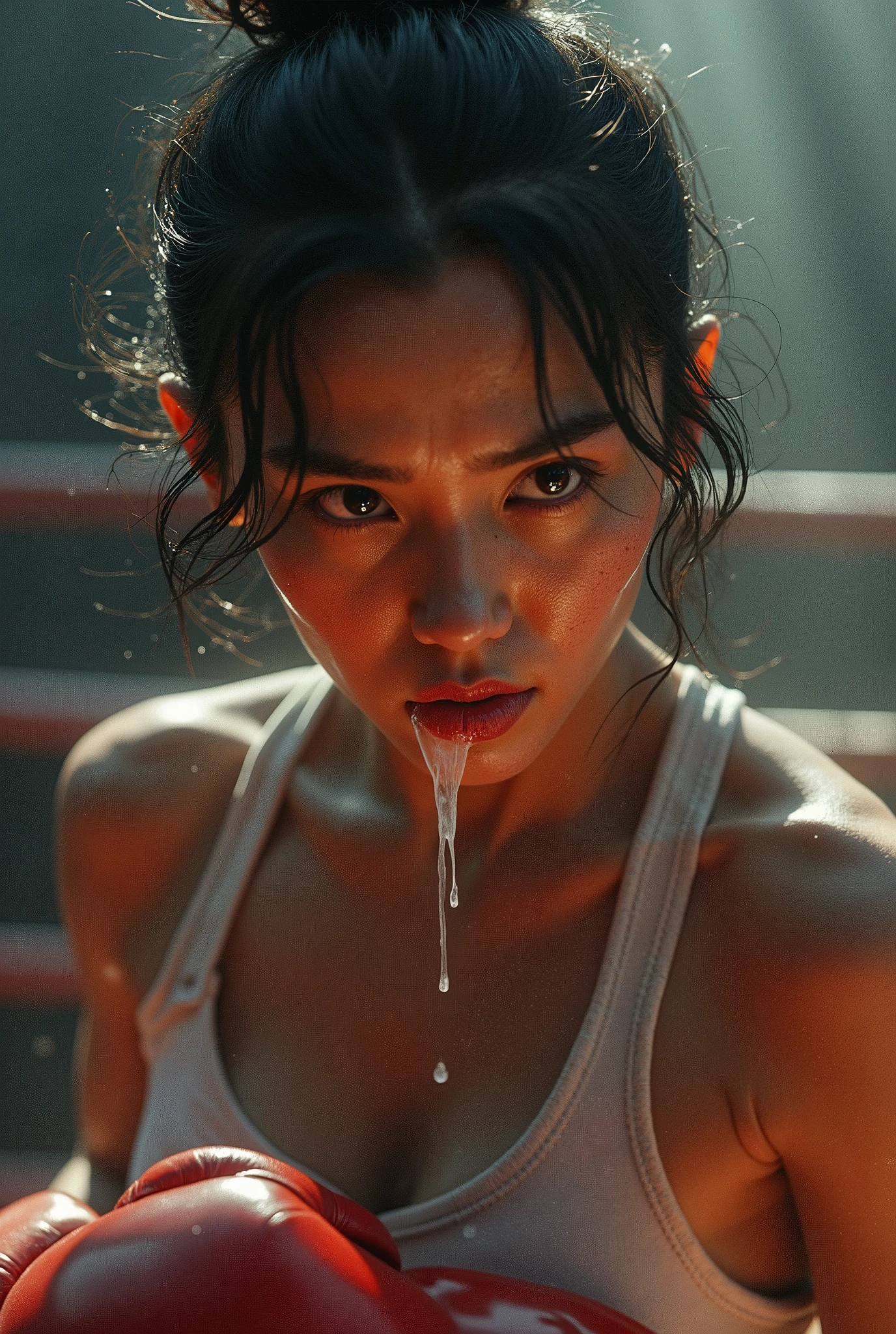 a beautifull Japanese female kick boxer vomiting in the ring with visible vomit and saliva, athletic body, very sweaty
