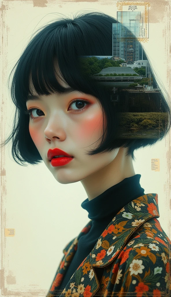 Edit Photos,Highly detailed background,Ultra-realistic,Double exposure,Depth of written boundary,Beauty Ultra Slender Skinny Vibe,Soft Focus Tone,Story Scene,Acrylic paint,Multi-layer structure,In Multi-pattern Multiform greenhouse,Crimson lips open,Multi-pattern,Multiform,Extremely close-up portrait photograph,Retro wabi-sabi old clothes,Very short bob-cut hair,Recall,