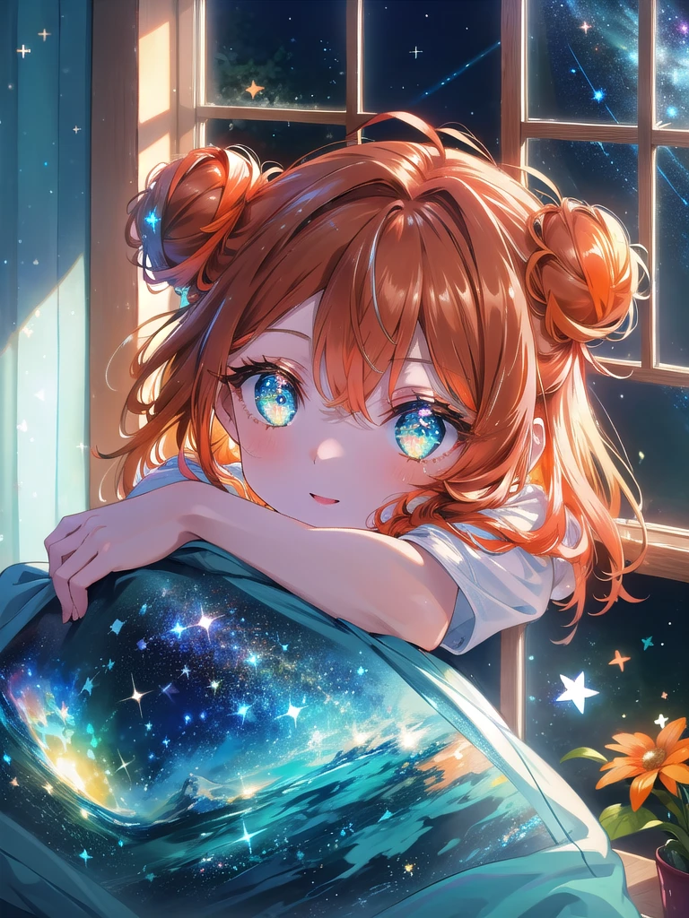 ((8k, highest quality, masterpiece: 1.3)), ultra high resolution, ( girl, alone), (color changing eyes, super detailed, expressive glow, sparkling, glowing eyes),highly detailed cyan eyes, highly detailed face, half bun, (downturned eyes), ((dark orange hair color)), flower in bun, (ecstatic expression: 1.2) white skin, loose loungewear, relaxed posture, (bedside at home, dim: 1.1), starry sky outside the window, random angles