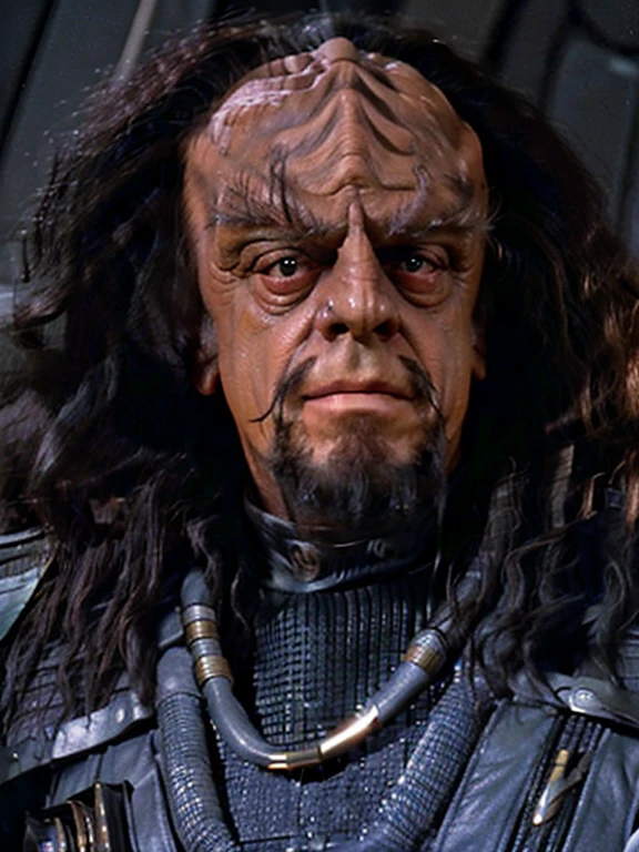 a Klingon man, ((Christopher Lloyd)), long black hair, bushy eyebrows, black goatee, wearing Klingon armor. realistic, photorealistic, portrait view, simple background