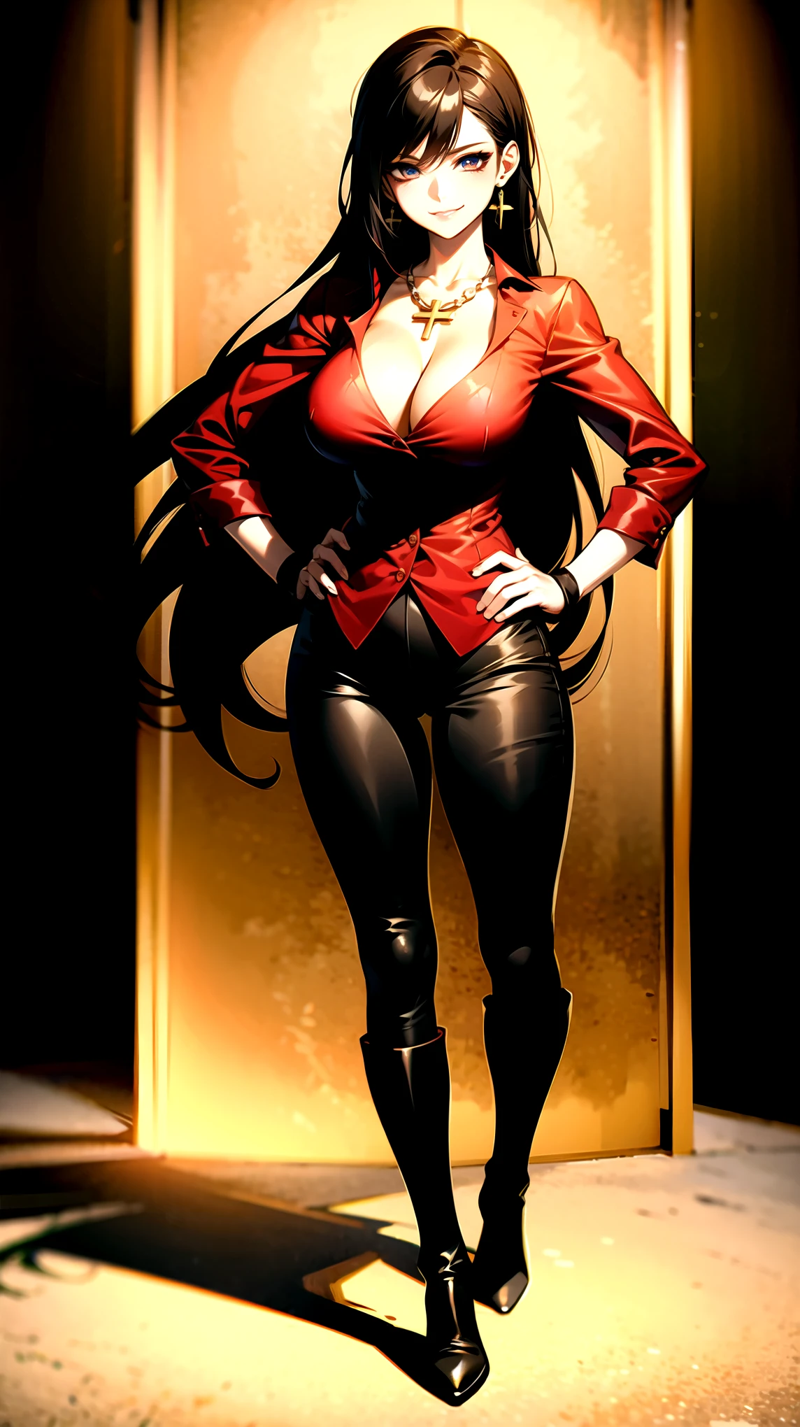 （（super high quality,））（（Ultra-high resolution,））（16K,）（super masterpiece,）（（Ultra HD ,））（Detailed shading,）Full body photo,A sexy mature woman,（（popped Tight collar Red shirts,））Folded sleeves,Black long gloves,（（Glossy black pants, ））Black long boots,Black hair straight short,Sharp Eyes,Cleavage,Place one hand on hip,Provocative smile,necklace with cross,