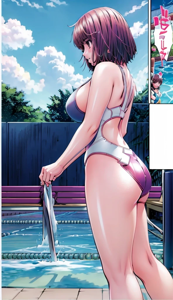 A boyish beauty with big breasts, beautiful legs, and short hair is standing by the pool, blushing and wet in a bright pink high-cut swimsuit with the arena logo and lettering.。Angle from below。