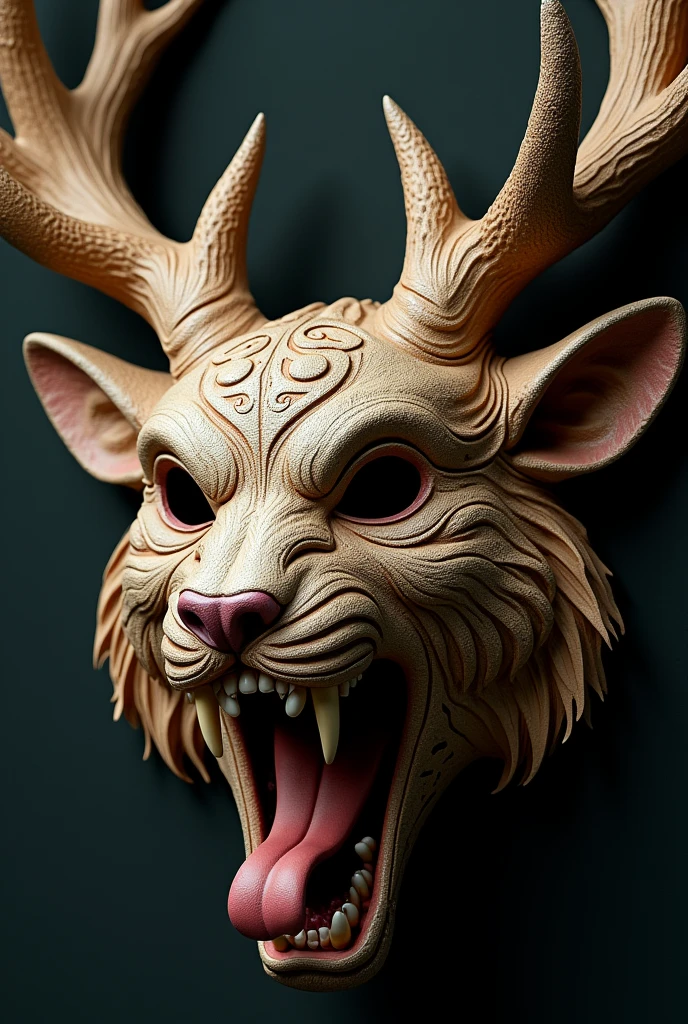 The Nahual Mask right profile 3/4 side jaguar part on the right side, part coyote on the left side and the upper part deer, with antlers, with the mouth open showing the forked tongue with large fangs
