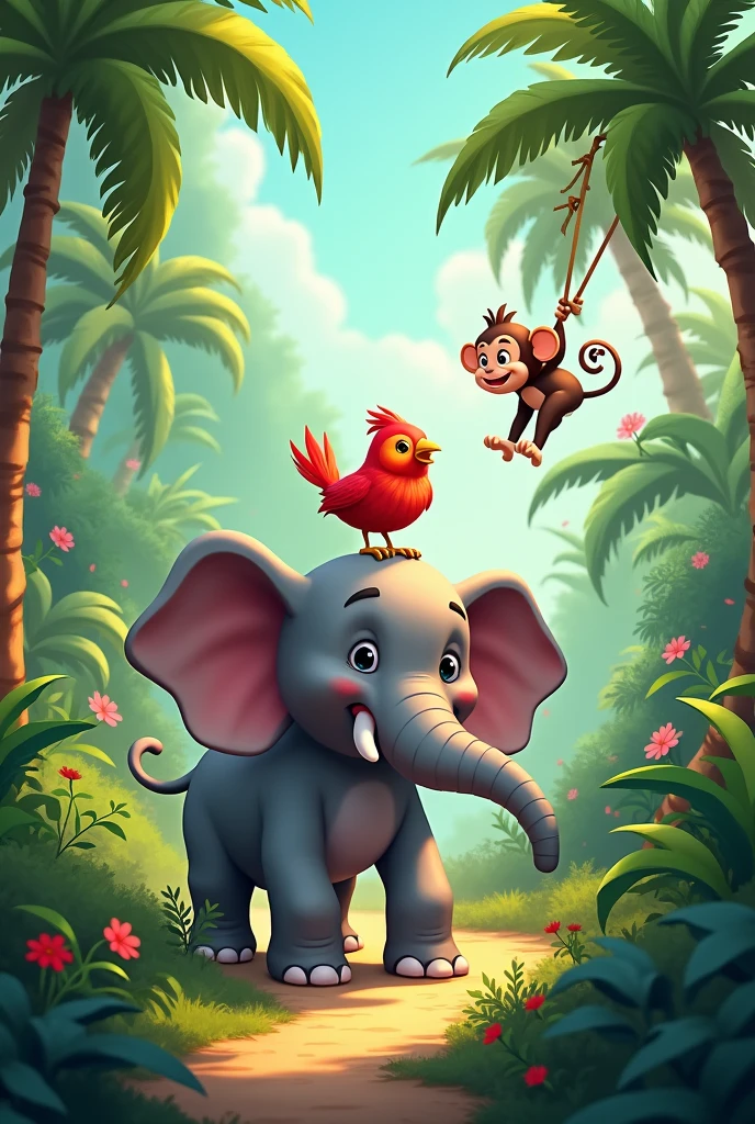 Cute red bird, elephant, monkey in fun in jungle