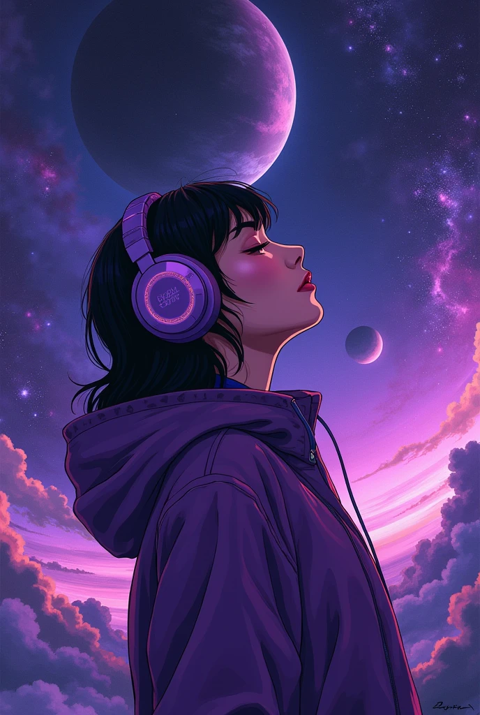 Woman in the middle of the universe, Woman listening to music, Woman with purple headphone, Purple sky, Purple Stars, Purple planets, Purple galaxies, Woman wearing purple jacket, Shades of purple and black, Realistic anime style