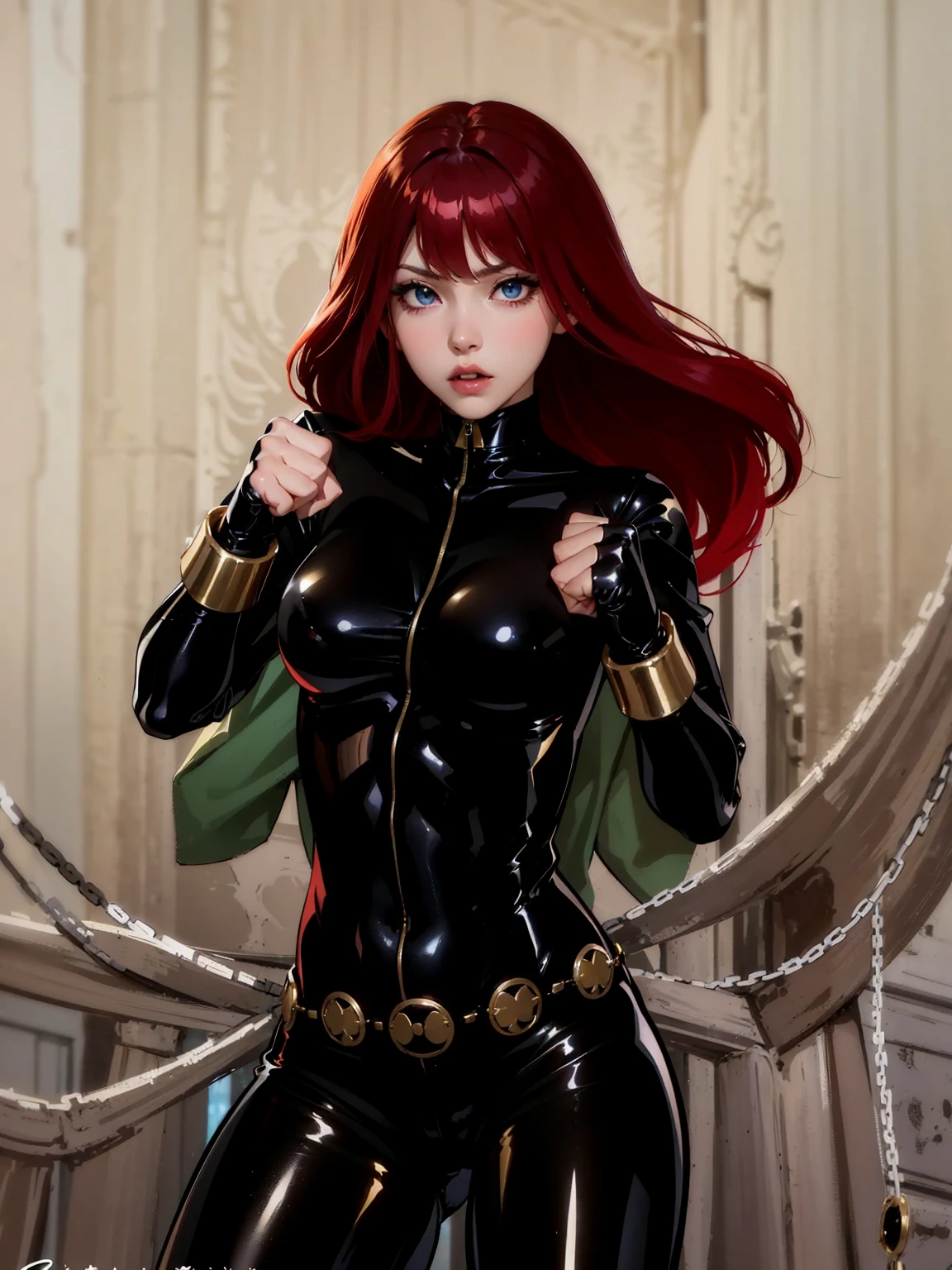 The image is a drawing of a girl with red hair dressed in a sleek skin-tight shiny black latex bodysuit with a silver zipper running down the front. The suit is complemented by her golden wrist guard on both wrists and a golden belt made of shiny circles. She has blue eyes. She stands with a strong posture, hands clenched into fists at her sides, and eyes cast with a determined or fierce gaze. In the background, there are white chains that curve upwards. Her overall stance and the background chains convey a powerful presence and a sense of energy, readiness for action, and possibly a dangerous situation.