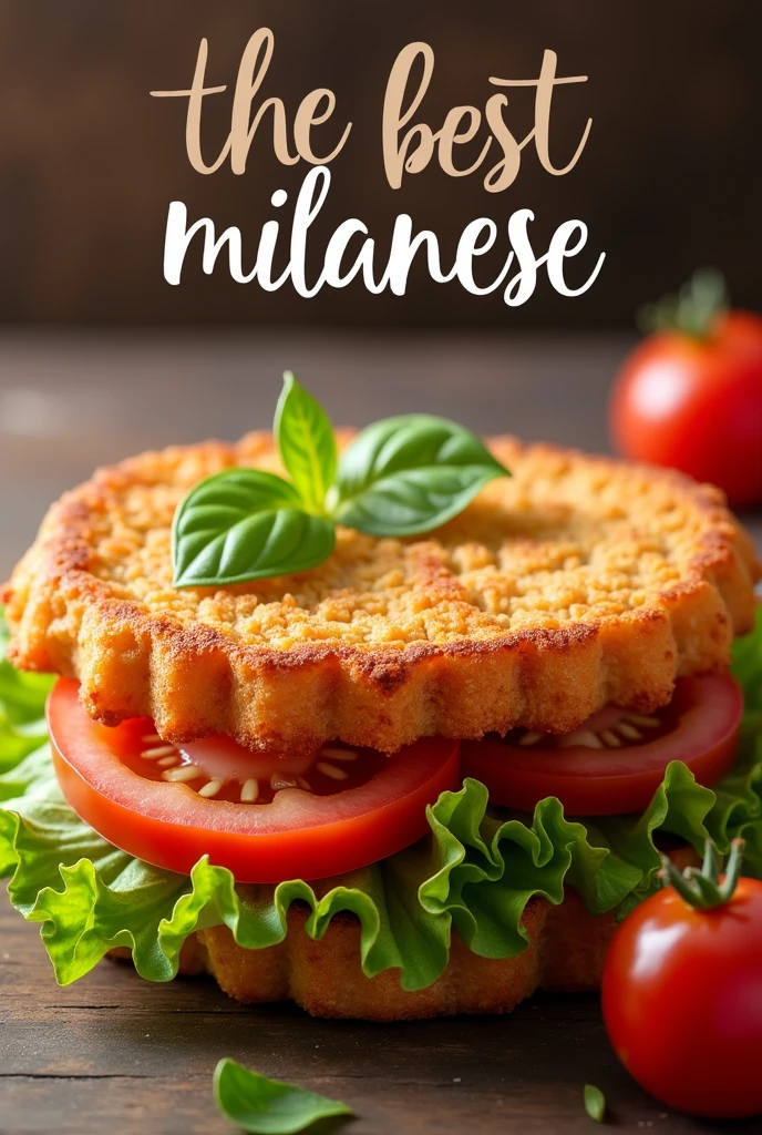 Fried sandwich,tomato and lettuce , with the word  "The best Milanese" in Spanish floating