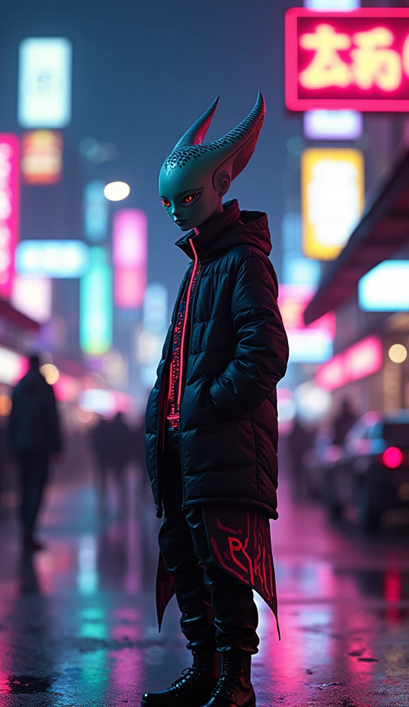 Generate an ultra-realistic 4K image of a fashionable alien protagonist entering a vibrant cyberpunk street at night. The alien should have a striking, stylish appearance with futuristic clothing, including neon accents and avant-garde accessories. The background should feature a bustling street with 1980s retro elements like neon lights, holograms, and VHS-style effects. The scene should capture the alien's wonder and the dynamic energy of the neon-drenched environment