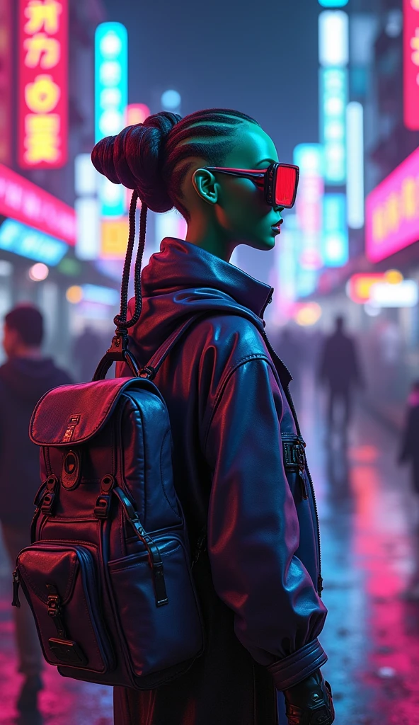 Generate an ultra-realistic 4K image of a fashionable alien protagonist entering a vibrant cyberpunk street at night. The alien should have a striking, stylish appearance with futuristic clothing, including neon accents and avant-garde accessories. The background should feature a bustling street with 1980s retro elements like neon lights, holograms, and VHS-style effects. The scene should capture the alien's wonder and the dynamic energy of the neon-drenched environment