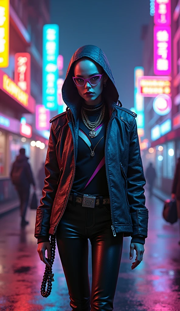 Generate an ultra-realistic 4K image of a fashionable alien protagonist entering a vibrant cyberpunk street at night. The alien should have a striking, stylish appearance with futuristic clothing, including neon accents and avant-garde accessories. The background should feature a bustling street with 1980s retro elements like neon lights, holograms, and VHS-style effects. The scene should capture the alien's wonder and the dynamic energy of the neon-drenched environment