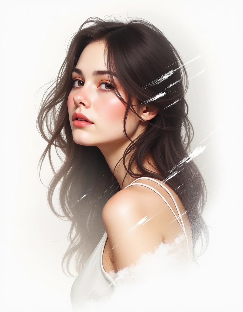 Watercolor attractive woman, long hair,Three-quarter view, Dreamy expression, bust shot, white stroke, white background