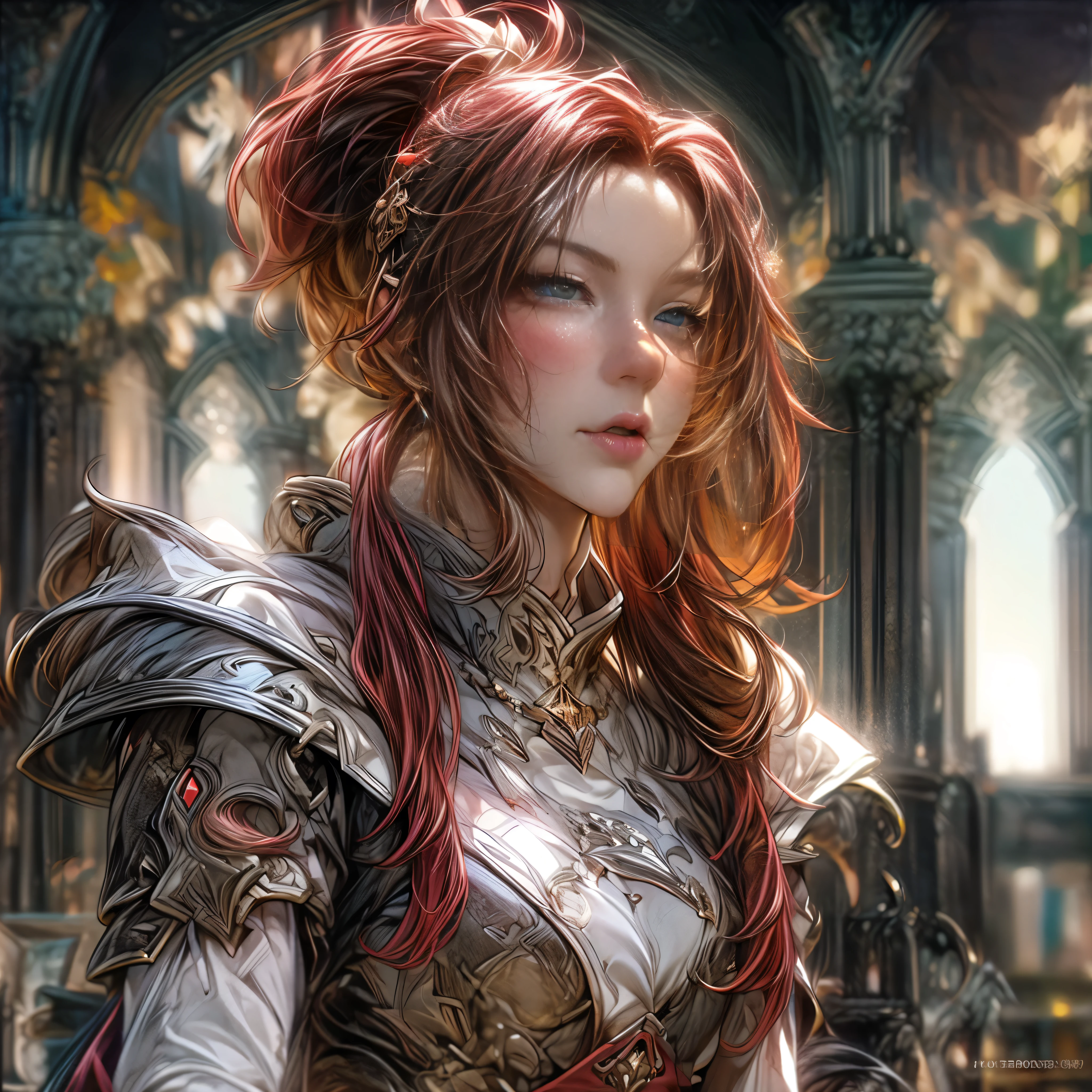 (best quality)), ((Masterpiece)), (details:1.4), 3d, HDR (high dynamic range), an image of a beautiful cyberpunk female, medieval, Red hair, High ponytail, Full body, Beautiful white eyes, จมูกโด่ง, ปากแดง, หน้าอกใหญ่, nvidia RTX, PBR surface, After processing, Anisotropic filtration,depth of field, Maximum clarity and clarity, multi-layered surface, Subsurface scattering, perfect proportions, 8K raw files, ultra detailed, Perfect proportions, volumetric lighting, soft lighting, Holy Paldin, Heavy Golden Armor, White dress, glossy skin, intricate Silver embroidery, Castle background, jewely, ต่างหู, นิ้วมือสมบูรณ์, mini Red skirt,