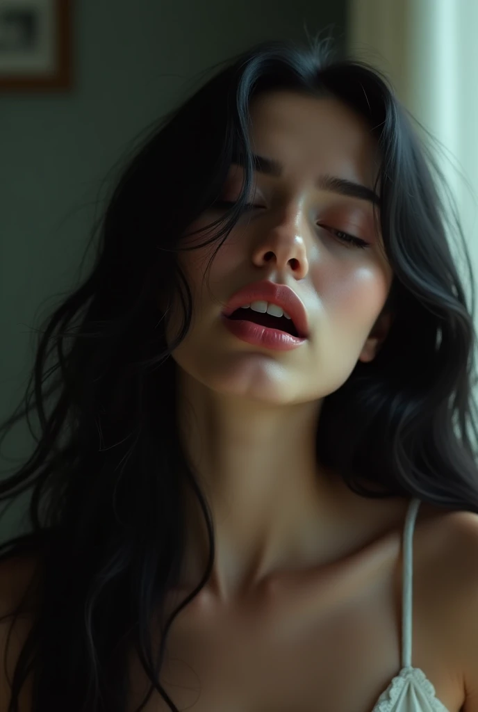 realistic photo, girl 1 long black hair, orgasm