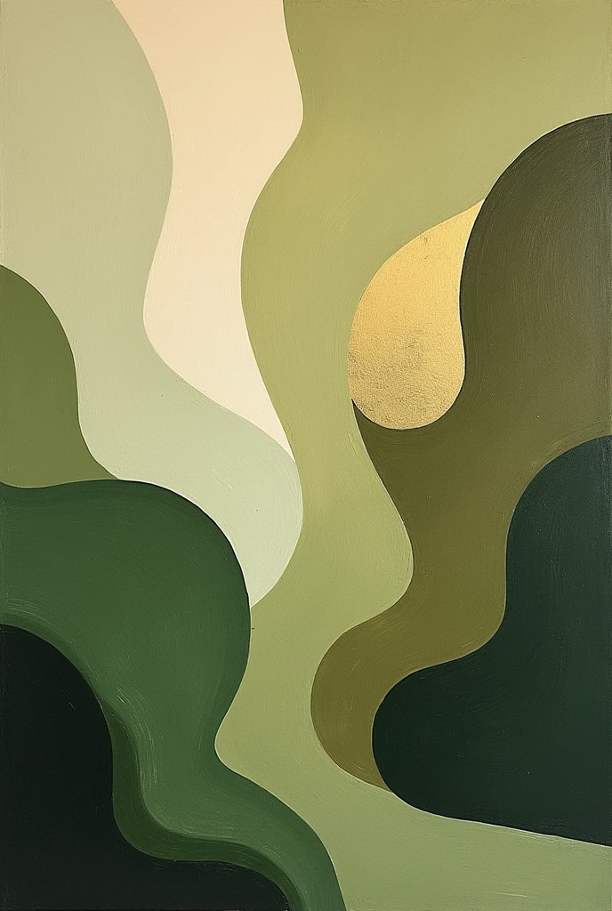 a renowned abstract painted canvas with organic shapes with moss green brown colors 