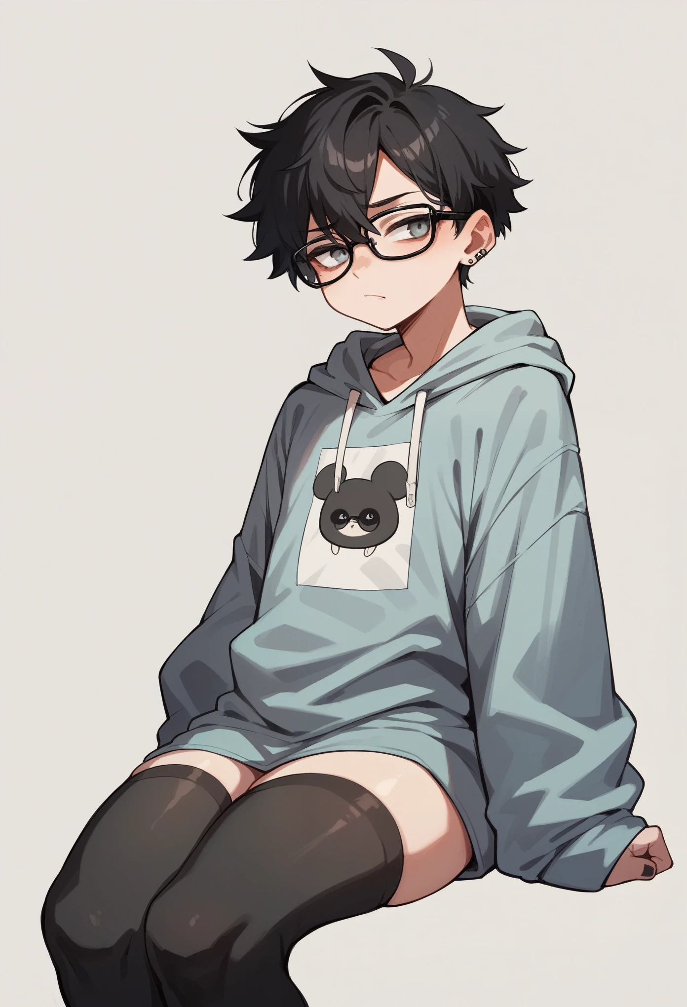 A short black haired male teenager, Black loose sweatshirt, long black stockings, black glasses and a mischievous face, femboy