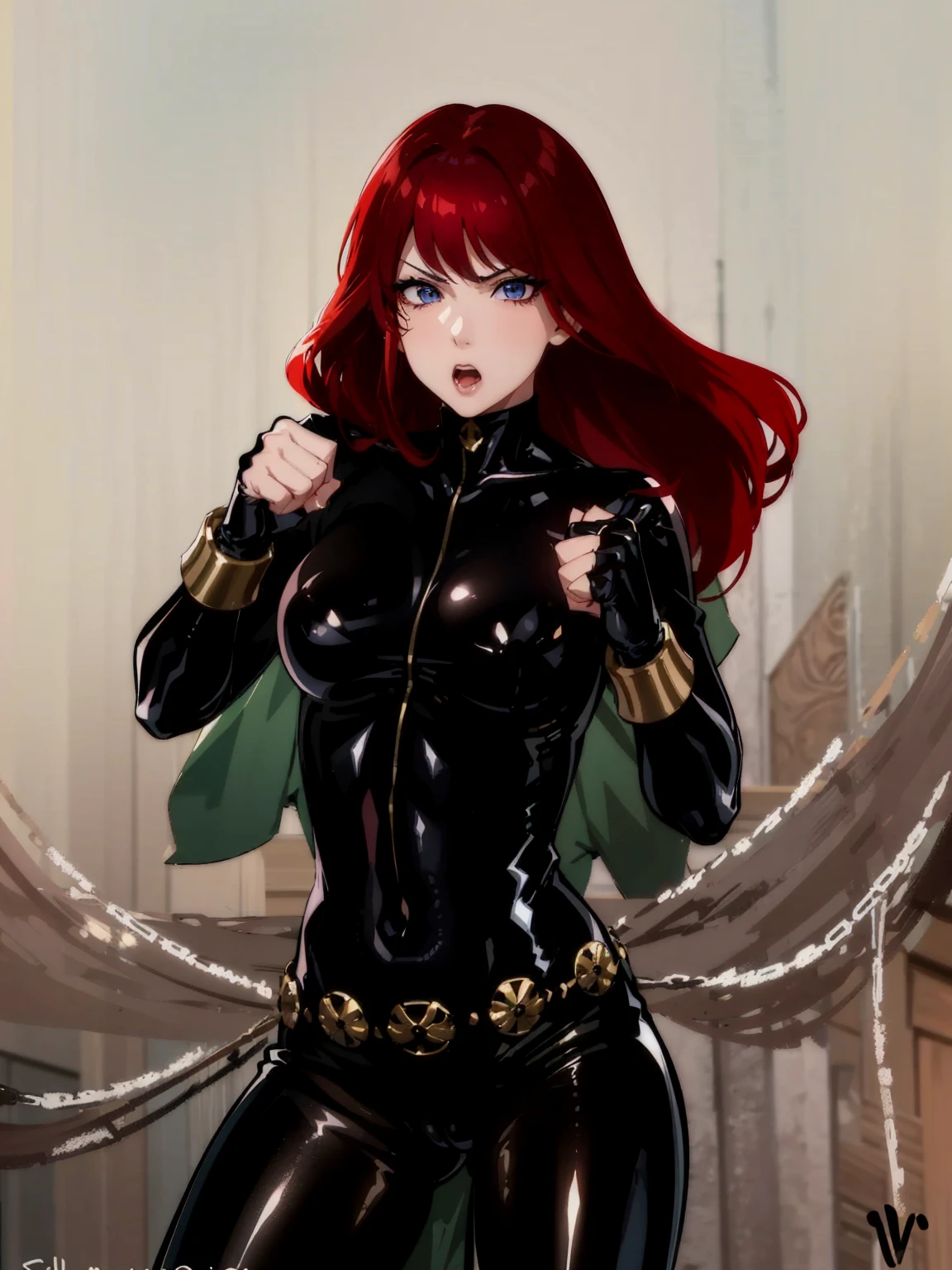 The image is a drawing of a girl with red hair dressed in a sleek skin-tight shiny black latex bodysuit with a silver zipper running down the front. The suit is complemented by her golden wrist guard on both wrists and a golden belt made of shiny circles. She has blue eyes. She stands with a strong posture, hands clenched into fists at her sides, and eyes cast with a determined or fierce gaze. In the background, there are white chains that curve upwards. Her overall stance and the background chains convey a powerful presence and a sense of energy, readiness for action, and possibly a dangerous situation.