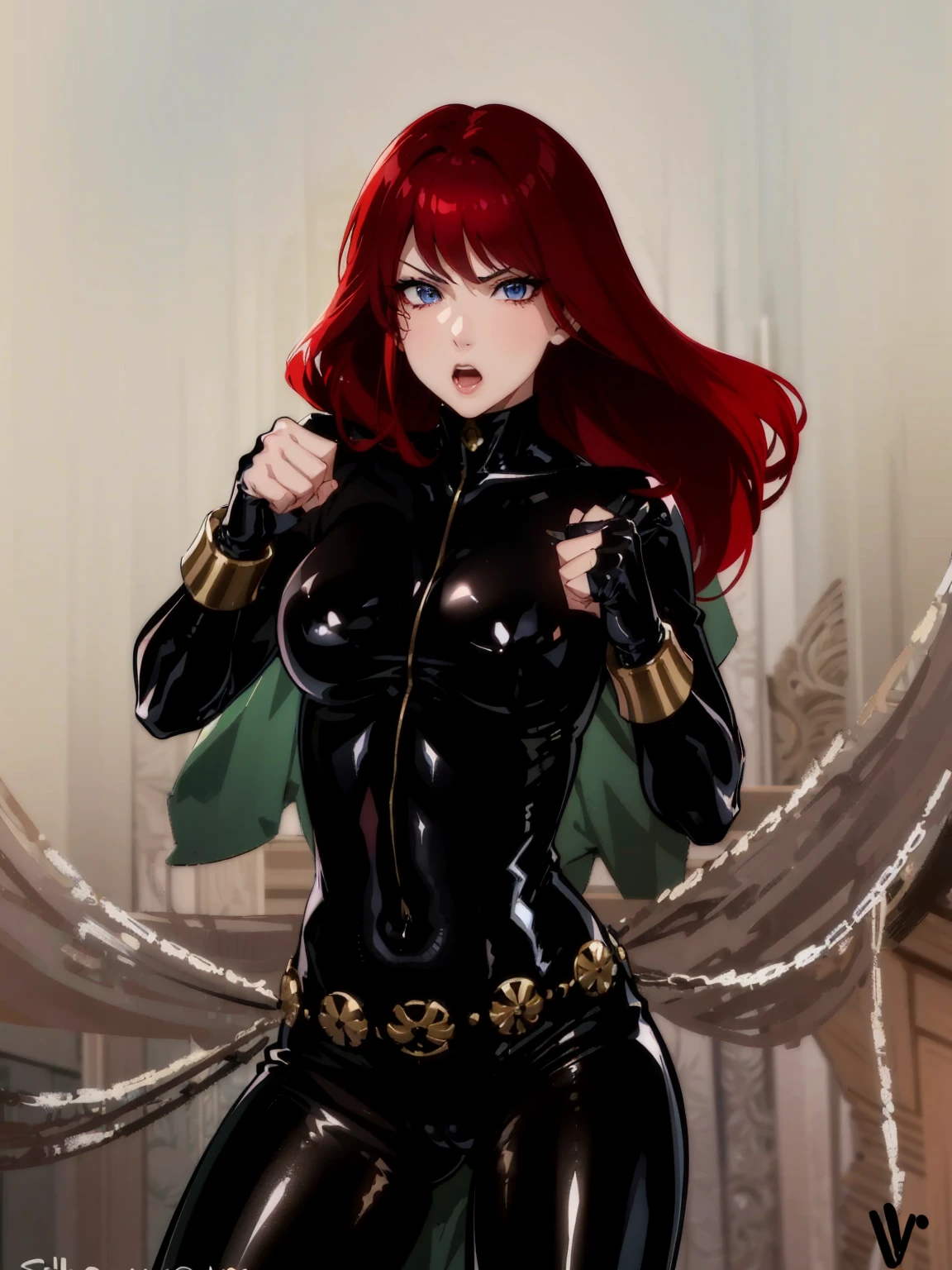 The image is a drawing of a girl with red hair dressed in a sleek skin-tight shiny black latex bodysuit with a silver zipper running down the front. The suit is complemented by her golden wrist guard on both wrists and a golden belt made of shiny circles. She has blue eyes. She stands with a strong posture, hands clenched into fists at her sides, and eyes cast with a determined or fierce gaze. In the background, there are white chains that curve upwards. Her overall stance and the background chains convey a powerful presence and a sense of energy, readiness for action, and possibly a dangerous situation.