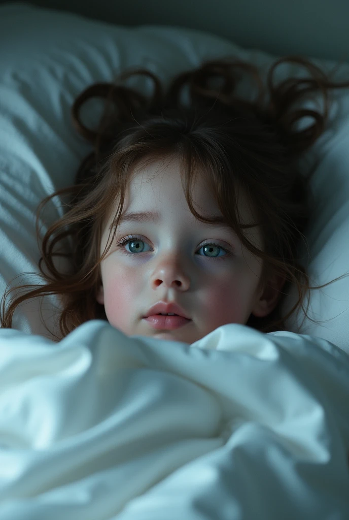 a young girl wetting the bed, extremely detailed eyes and face, beautiful detailed lips, longeyelashes, laying in bed, white sheets, realistic, photorealistic, photo-realistic:1.37, best quality,4k,8k,highres,masterpiece:1.2,ultra-detailed,vivid colors,soft lighting,ethereal,dreamy,cinematic,moody