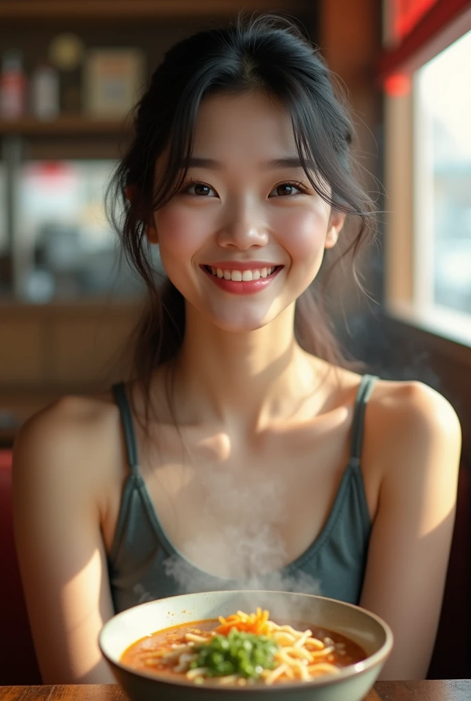 Realistic photo of (1cute Korean actress), tank top, in ramen shop, smiling, Canon EOS, clear facial features, close up portrait, cinematic mode, 8K