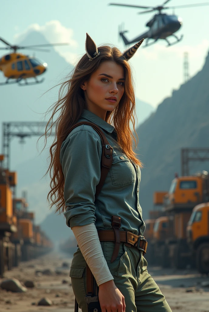 Une femme licorne, in mechanics' uniforms, Poil long, Bruns, corrugated, who walks with crutches, tourne la tete pour regarder la camera. She has a cast on her right ankle... Background, des hélicoptères et des montagnes. realistic. 