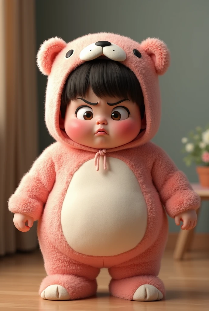 (girl),(()) ,3d images ,Highest quality 8K ,Chubby body shape,((Very fat)),Pink cheeks,podgy,Bad mood, (angry),((angry)),((very dissatisfied)),Put on a stuffed animal costume,Balanced lighting,blurred background,Middle of the picture