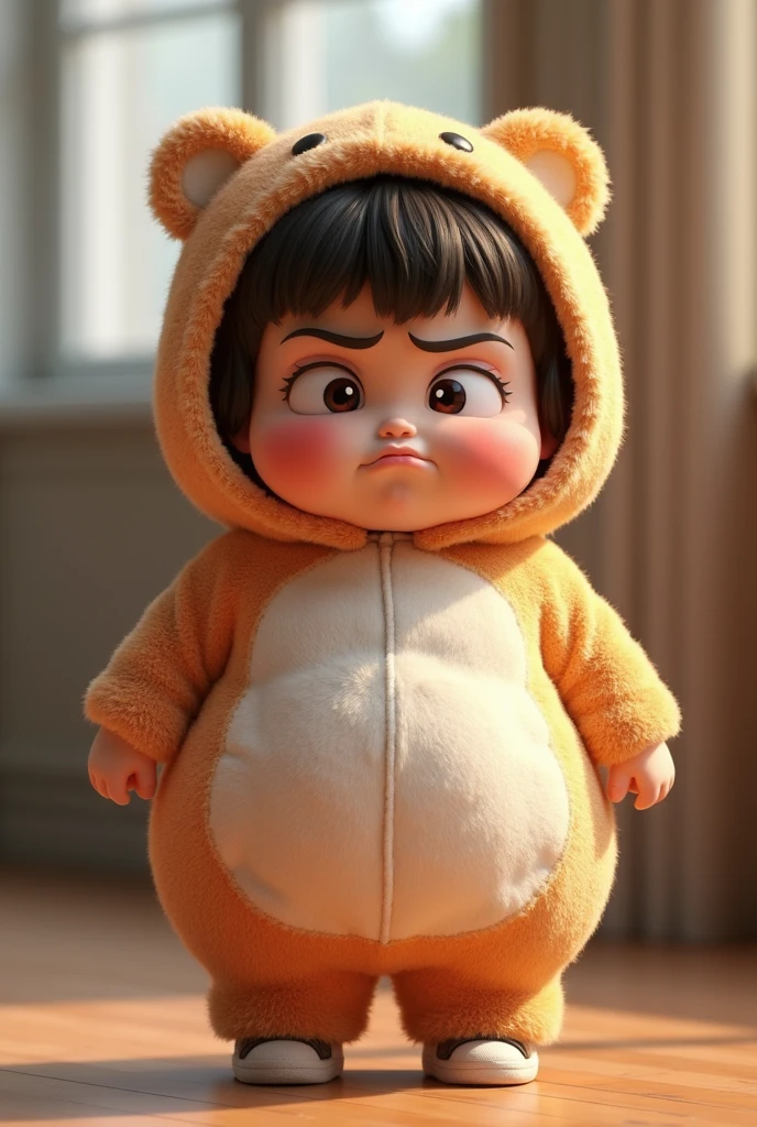 (girl),(()) ,3d images ,Highest quality 8K ,Chubby body shape,((Very fat)),Pink cheeks,podgy,Bad mood, (angry),((angry)),((very dissatisfied)),Put on a stuffed animal costume,Balanced lighting,blurred background,Middle of the picture
