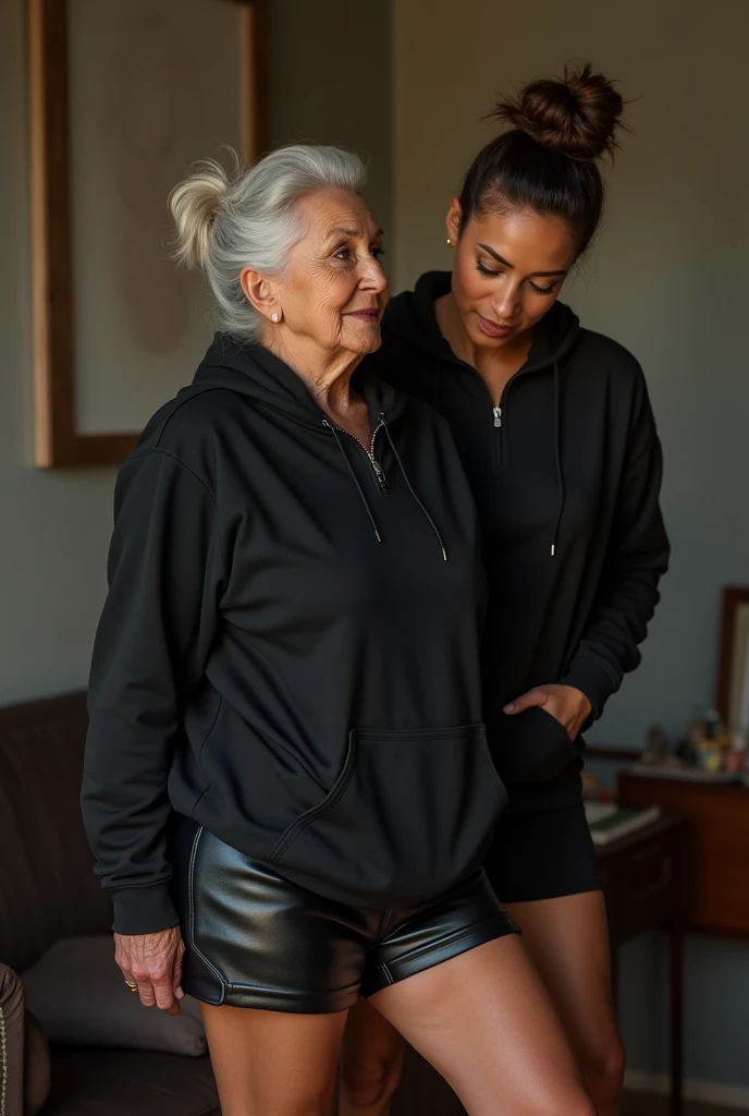 black woman hair in a bun black hoodie black leather short shorts being fucked in the ass by a old grandma in a dress